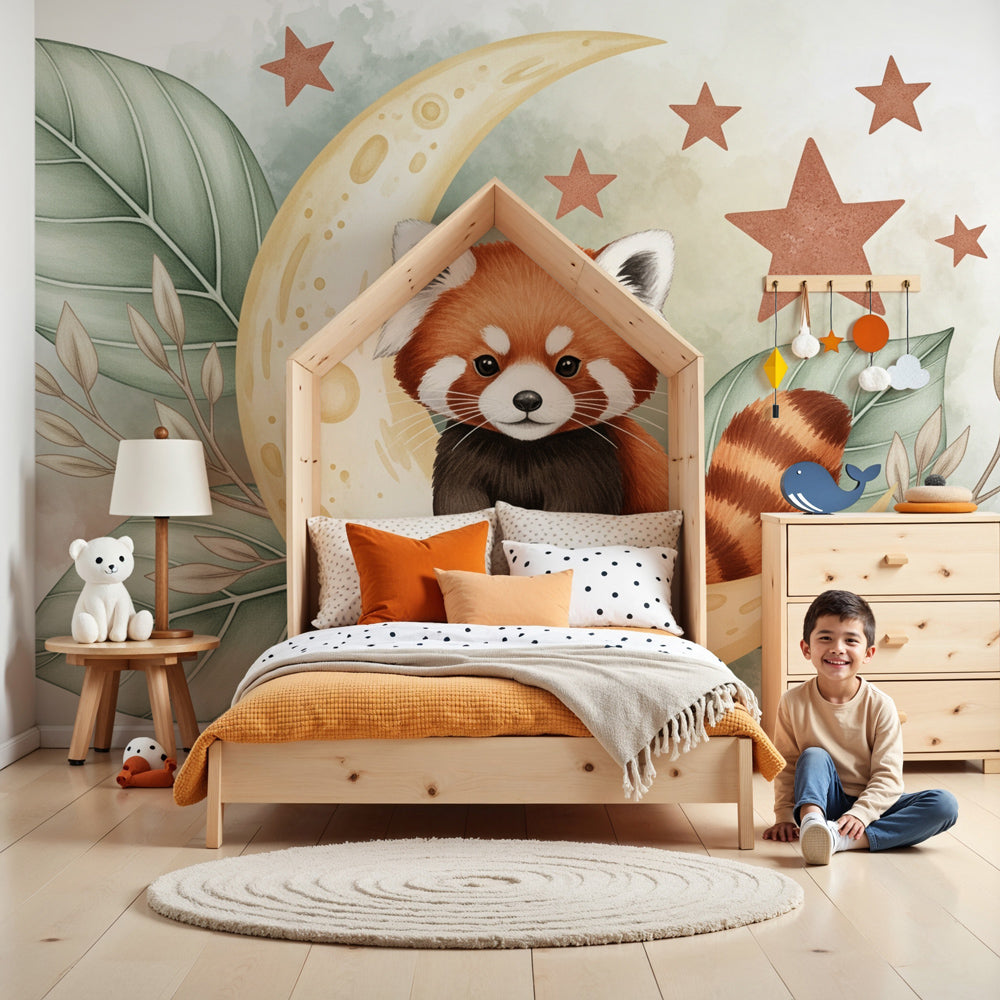 Red panda moon mural wallpaper creating magical nursery decor by Kids-Mundo