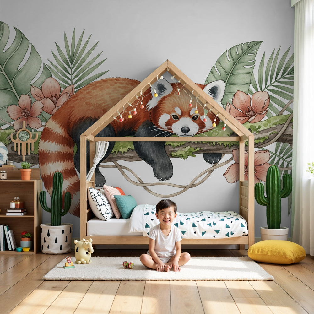 Red panda jungle mural wallpaper in modern kids nursery with natural wood furniture by Kids-Mundo