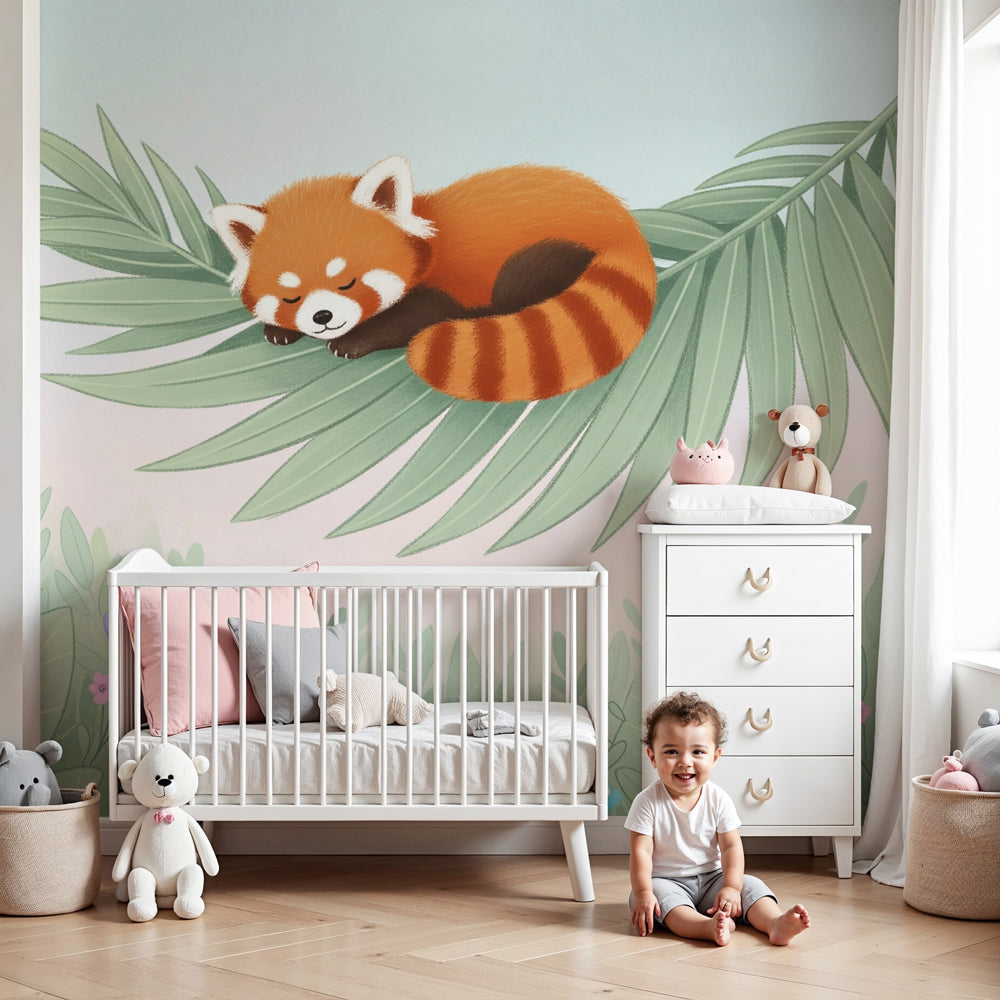 Red panda mural wallpaper creating peaceful nursery decor with pastel nature theme by Kids-Mundo