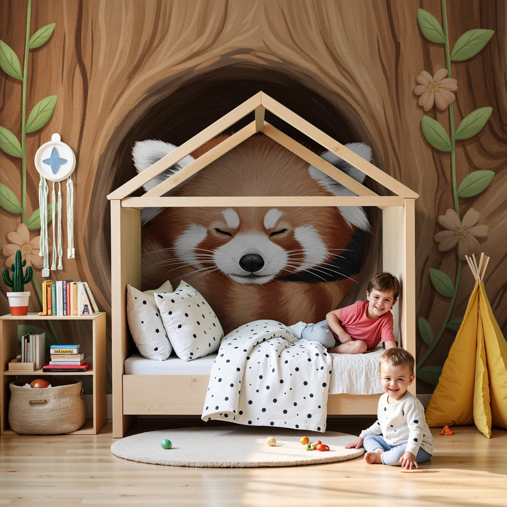 Red panda mural wallpaper in peaceful nursery setting with wooden crib by Kids-Mundo