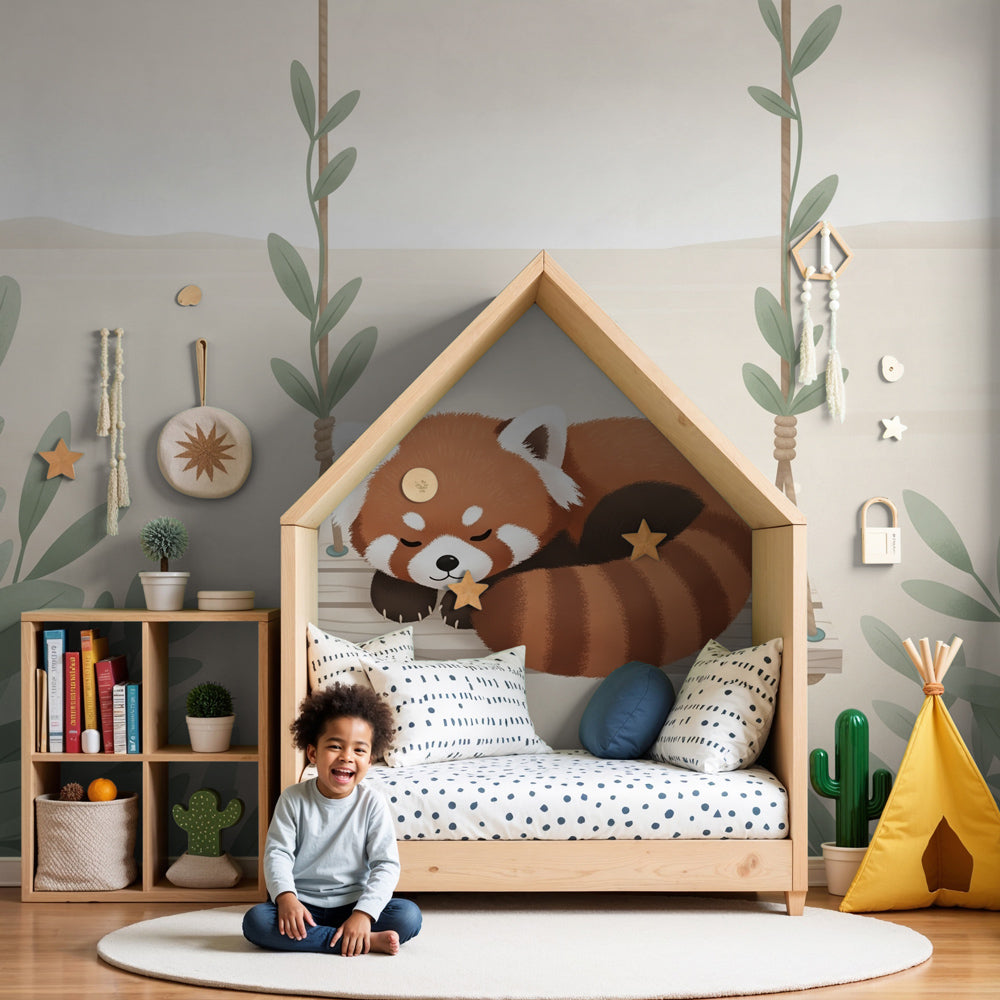 Red panda mural wallpaper creating peaceful nursery atmosphere with natural wood crib by Kids-Mundo