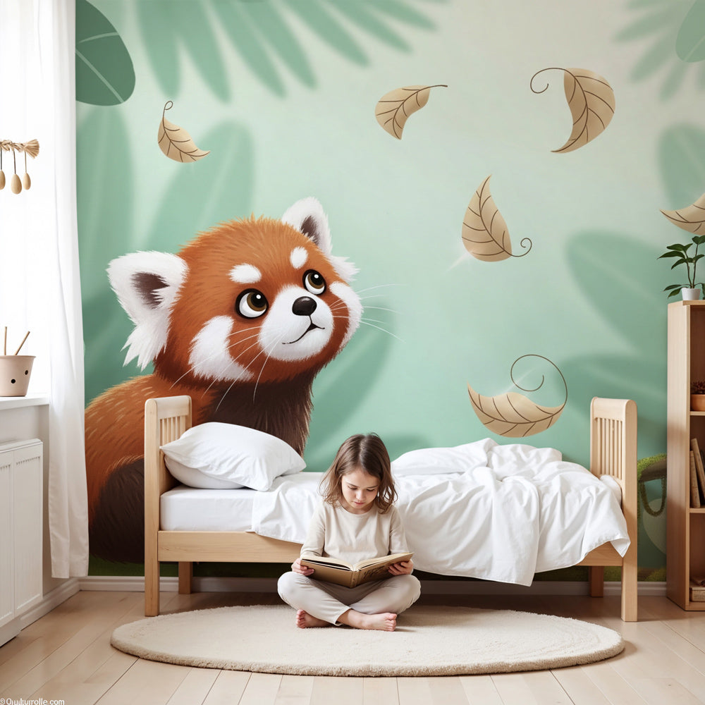 Red panda jungle mural wallpaper in modern nursery with natural wood furniture by Kids-Mundo