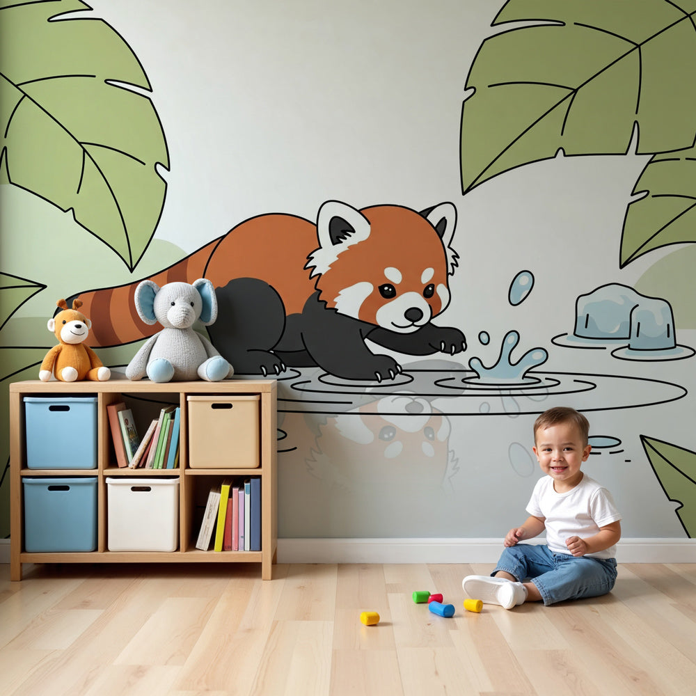 Red panda mural wallpaper in modern nursery room with natural wood crib by Kids-Mundo