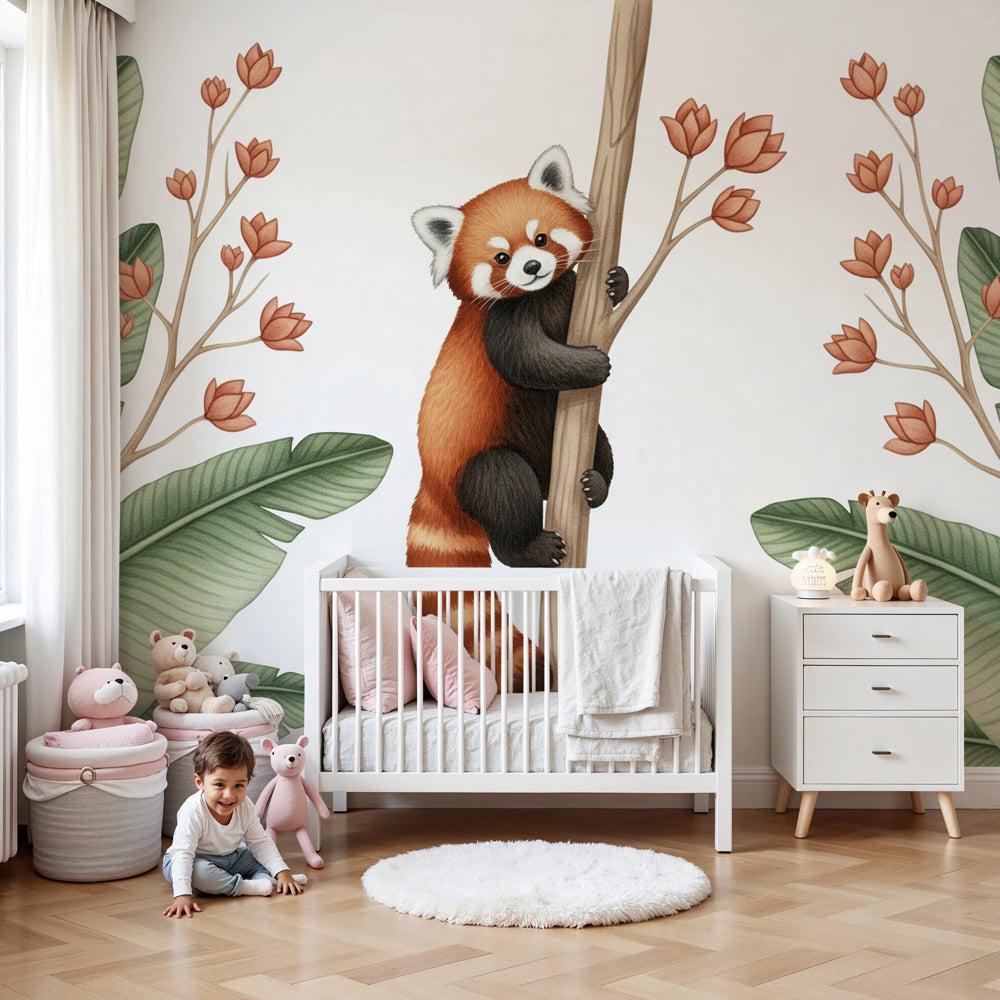 Red panda jungle mural wallpaper in modern nursery room with natural wood crib by Kids-Mundo