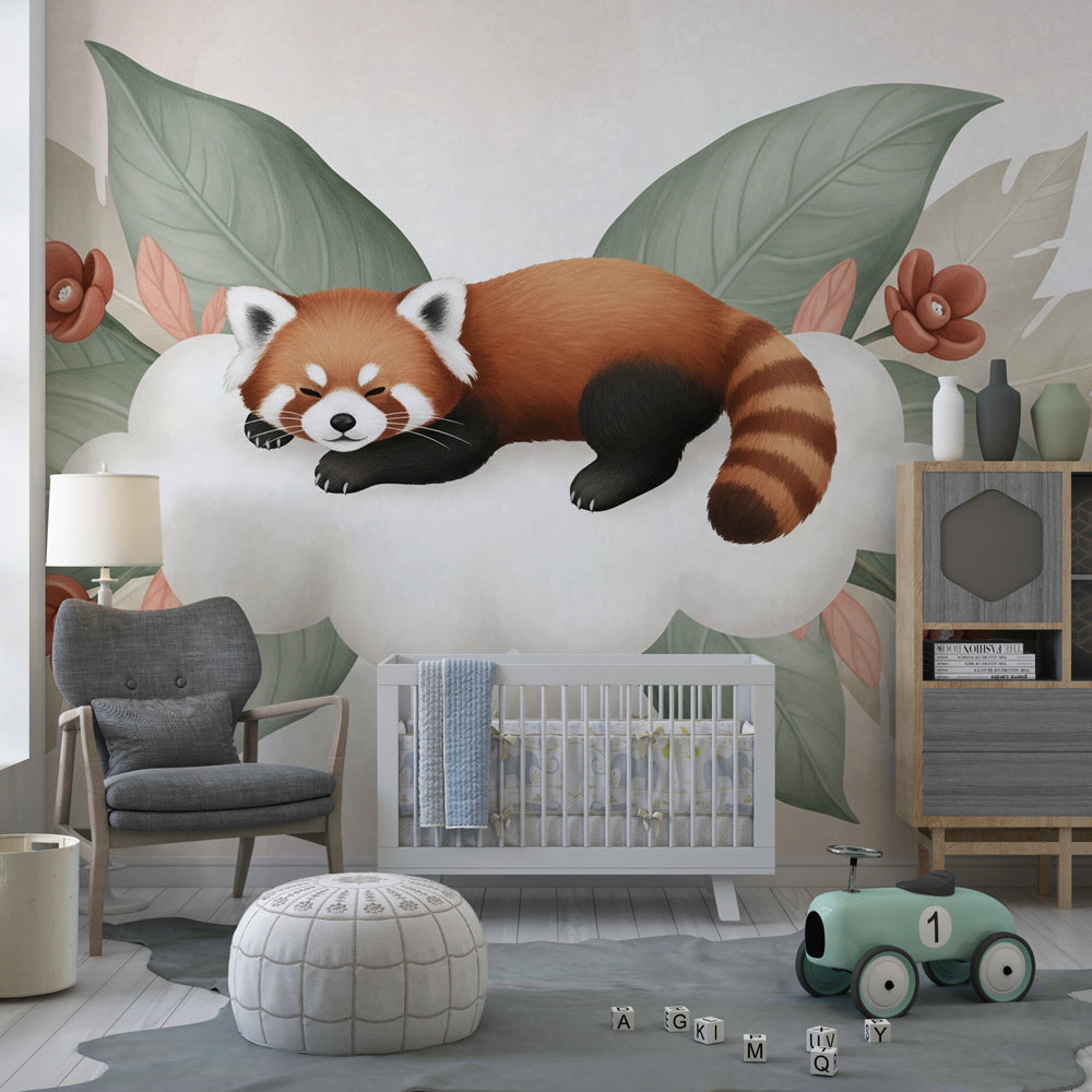 Sleeping red panda on cloud mural wallpaper creating serene nursery atmosphere