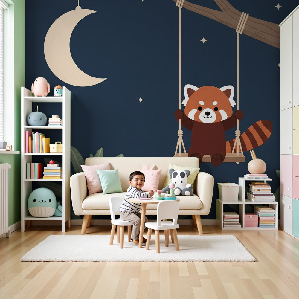 Red panda starry night mural wallpaper in cozy children's bedroom by Kids-Mundo