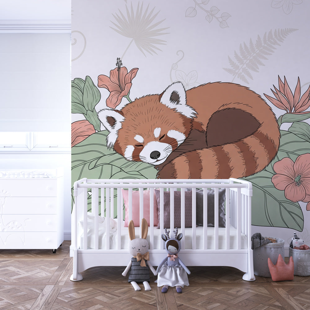 Sleeping red panda wallpaper with tropical flowers decorating cozy children's bedroom