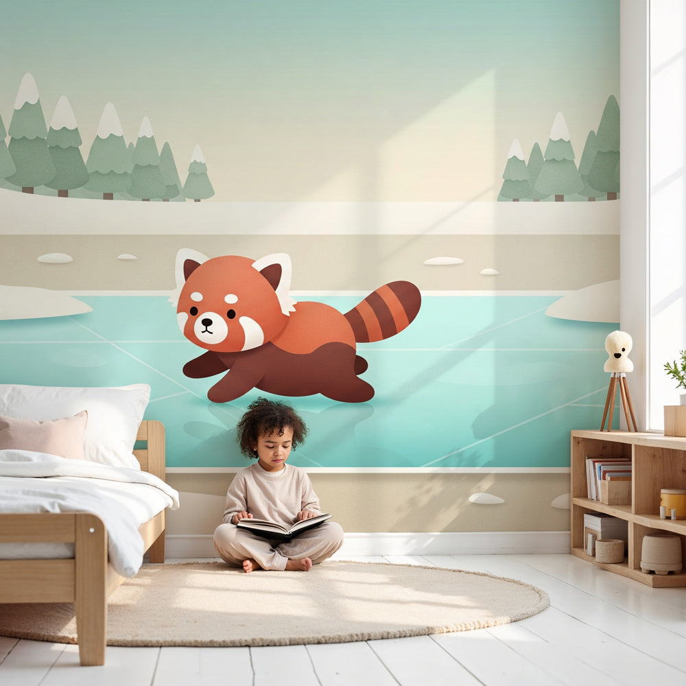 Red panda winter lake mural wallpaper in cozy nursery room by Kids-Mundo