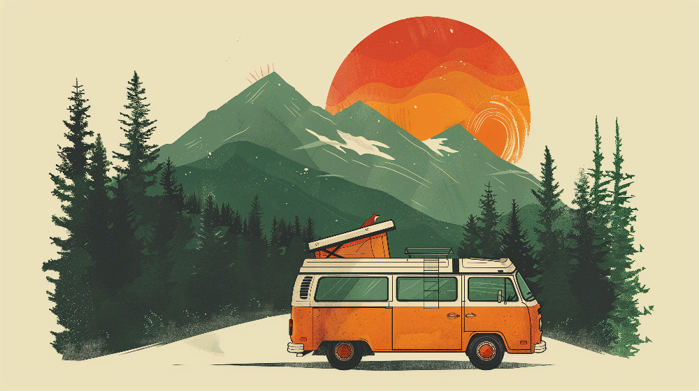 Retro Camper Van Mountain Sunset Wall Mural