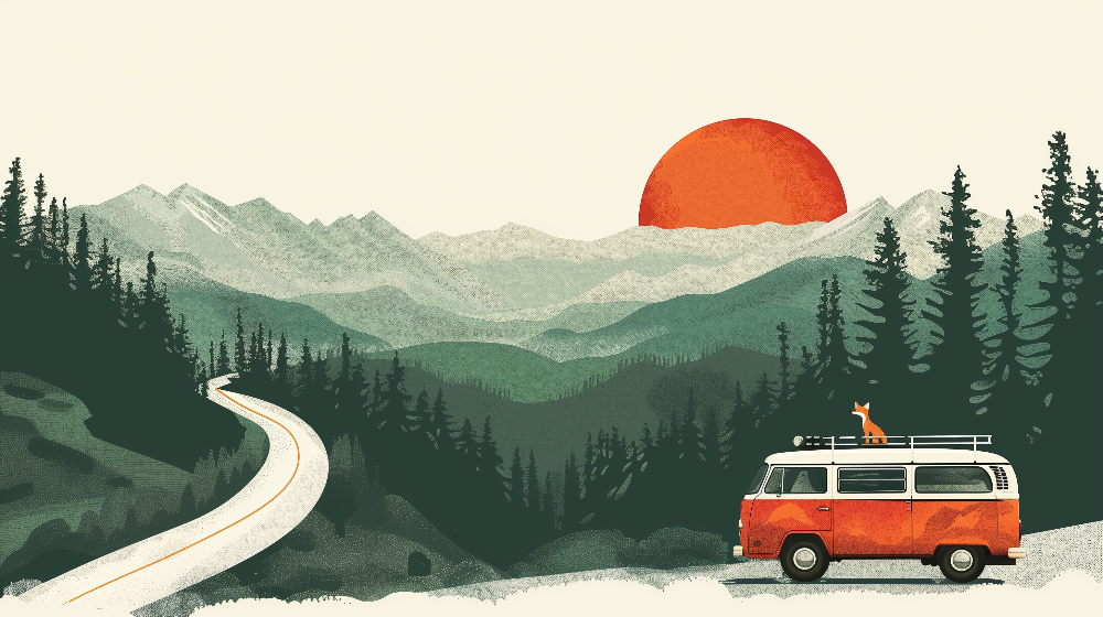 Flat artwork preview of the Kids-Mundo retro camper van and mountain sunset wall mural design.