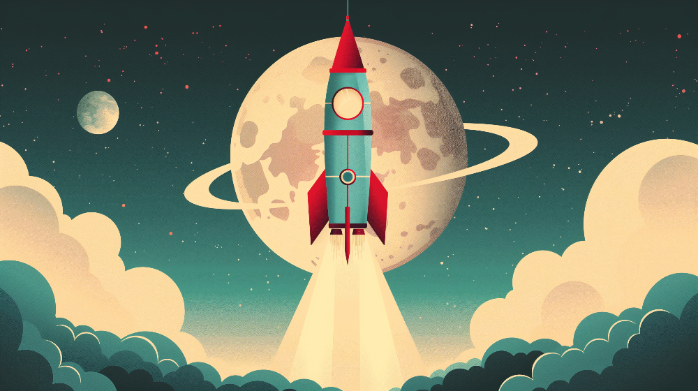 Retro Rocket and Ringed Moon Wall Mural