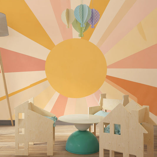 Kids-Mundo vintage sunburst wall mural adding a cheerful accent wall in a kids bedroom