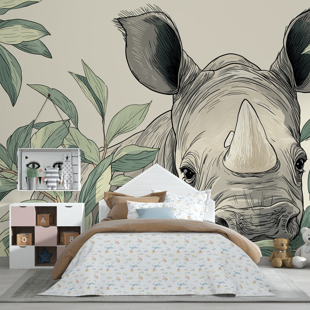 Safari animal mural wallpaper with rhino and tropical foliage in children's bedroom setting