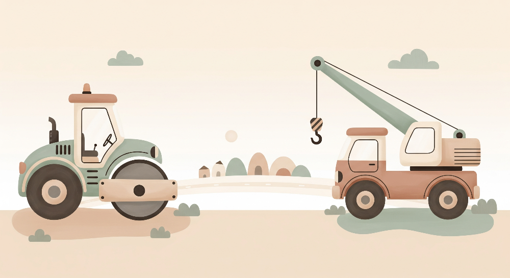 Kids-Mundo flat artwork of a pastel road roller and crane truck for a children's wall mural