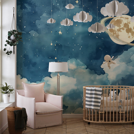 Kids-Mundo dreamy space wall mural with rocket and astronaut in a kids' bedroom