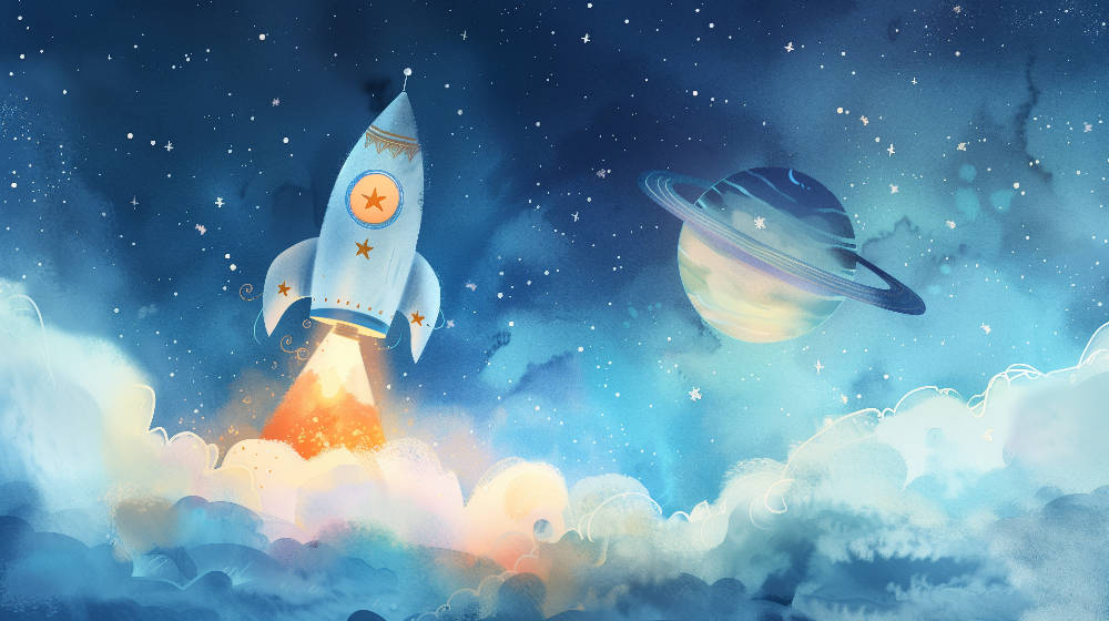 Rocket Launch and Ringed Planet Wall Mural