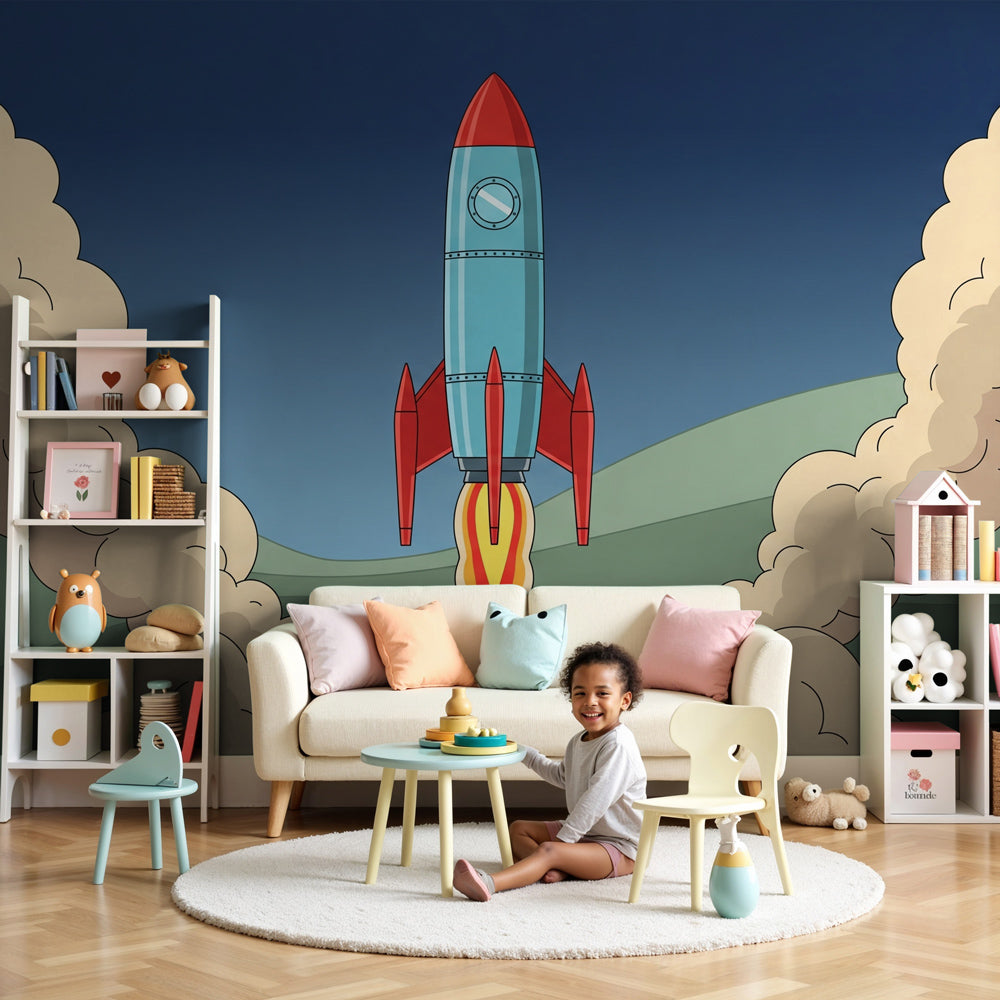 Rocket space adventure mural wallpaper in modern kids bedroom by Kids-Mundo