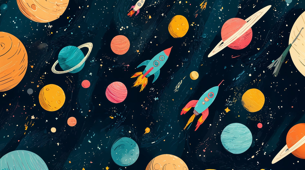 Colourful Rockets and Planets Wall Mural