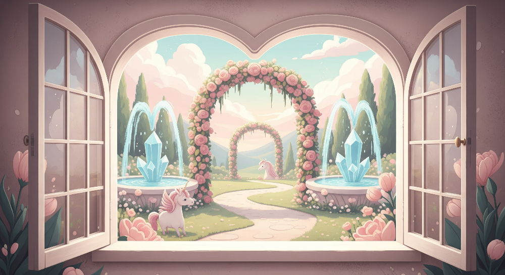 Kids-Mundo flat artwork preview of the rose garden wall mural design with two unicorns and fountains.