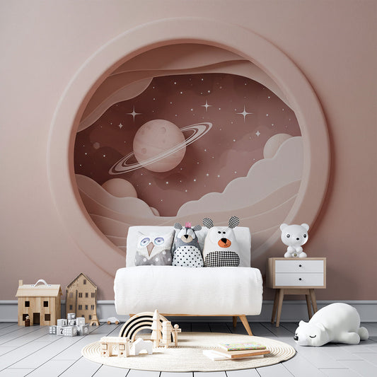 Kids-Mundo ringed planet porthole mural as a soft feature wall in a kids' bedroom
