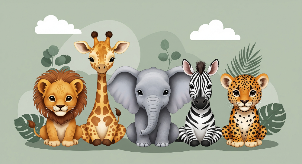 Kids-Mundo flat artwork preview of the safari animal friends wall mural design
