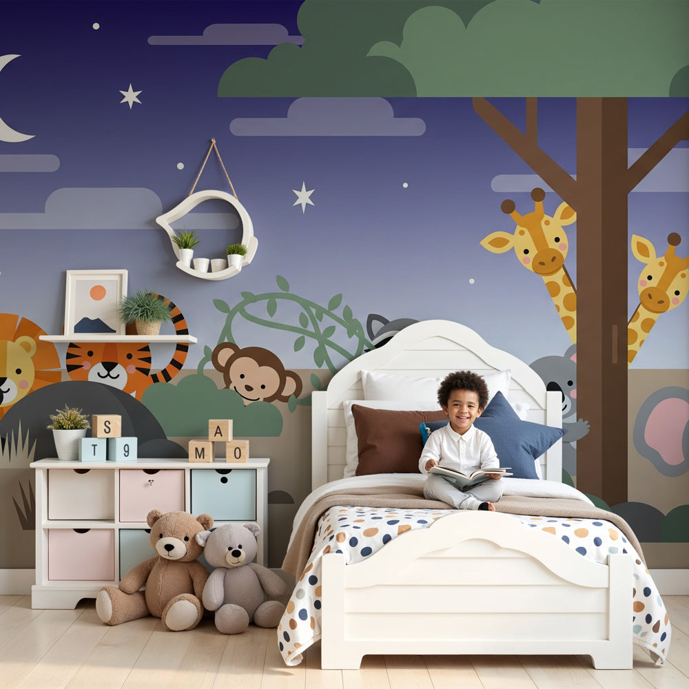 Safari animal mural wallpaper in modern nursery with hiding animals under stars by Kids-Mundo