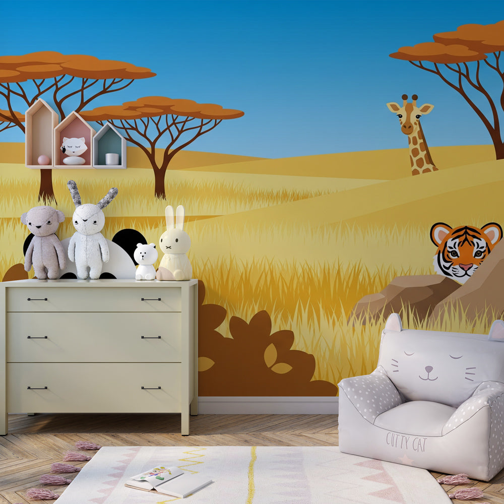 Children's bedroom featuring savanna adventure mural wallpaper with panda, tiger and giraffe