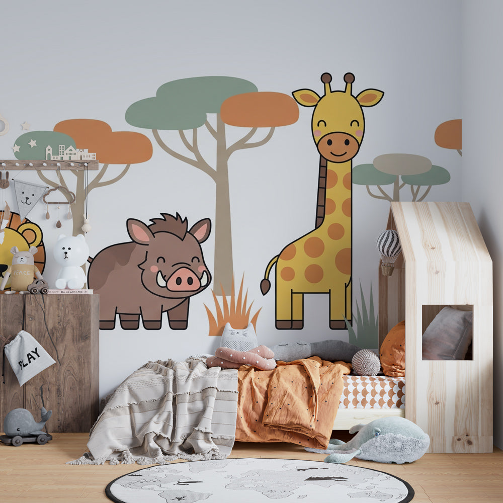 Cute savanna animals wallpaper creating magical kids bedroom decor with pastel colors