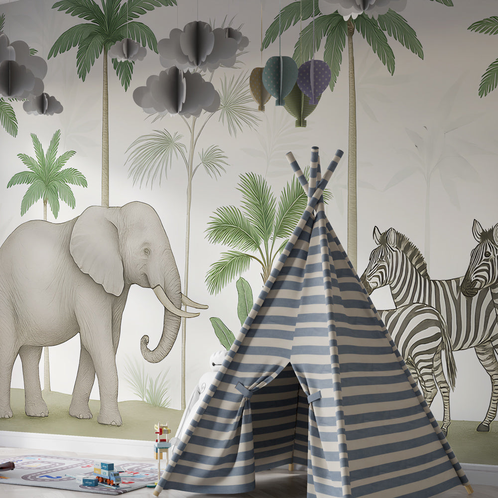 Jungle themed elephant and zebra wallpaper creating adventure atmosphere in kids bedroom