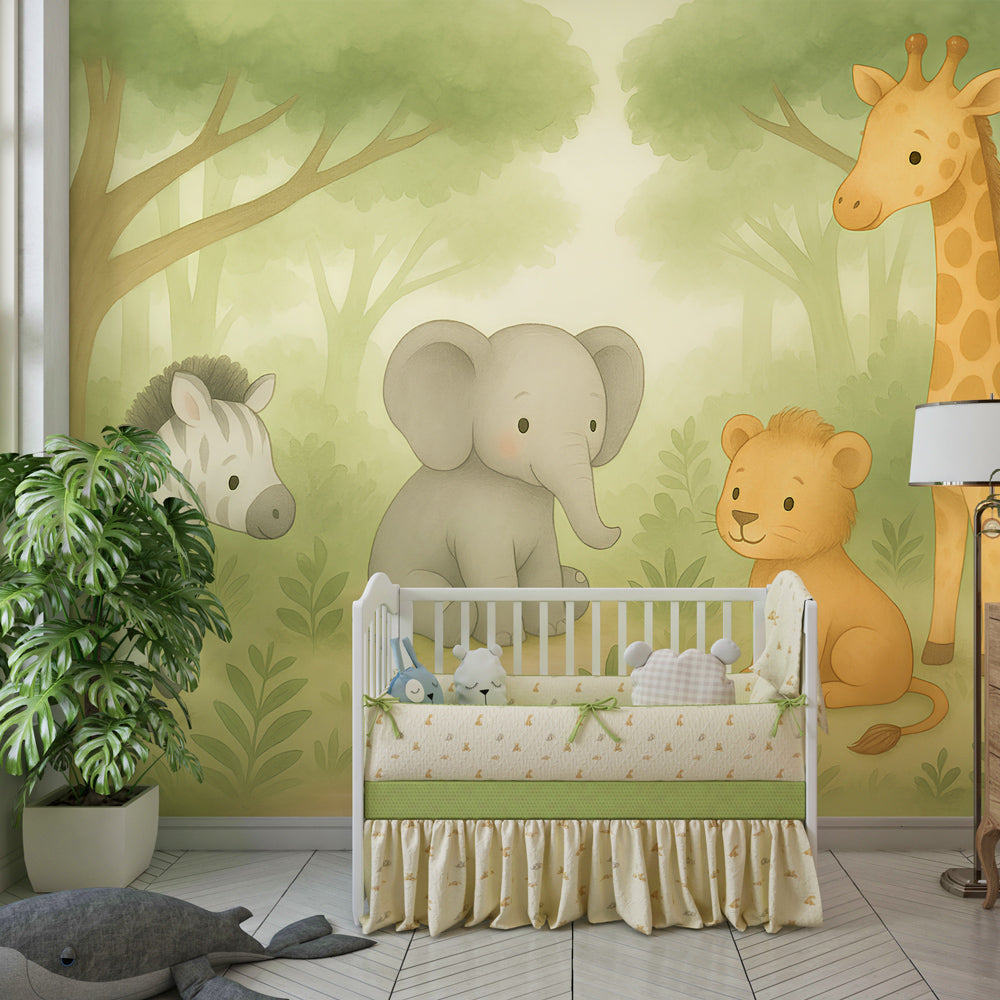 Cute savanna animals wallpaper creating peaceful kids bedroom decor with forest theme