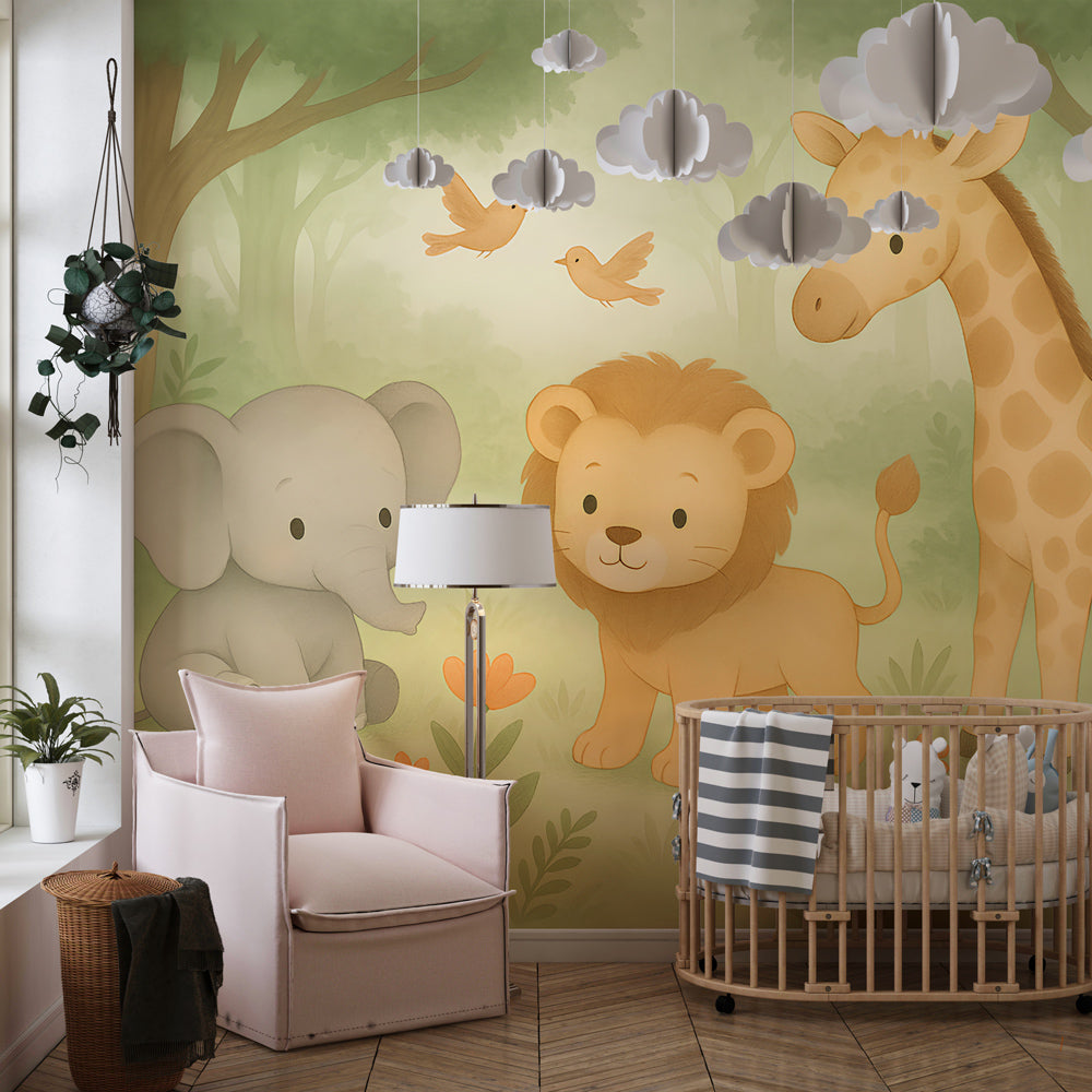 Savanna adventure wallpaper creating magical kids bedroom with natural wood furniture