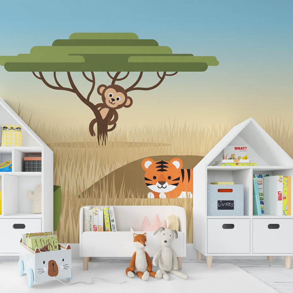 Savanna adventure mural wallpaper creating wild animal theme in children's bedroom