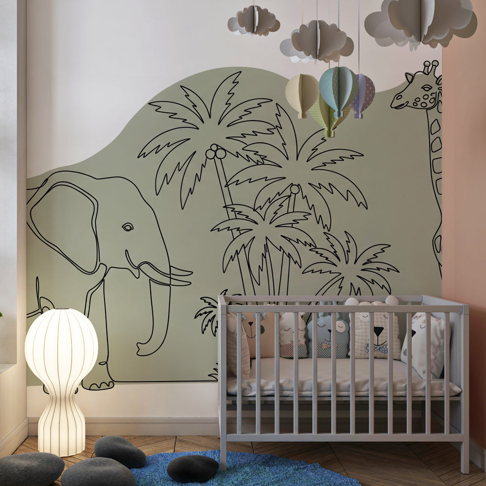 Tropical elephant and giraffe wallpaper creating adventure-themed kids bedroom decor