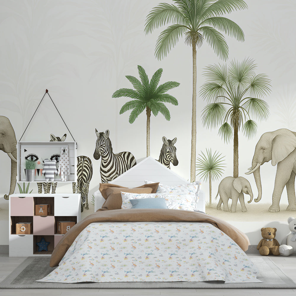 African savanna wallpaper creating peaceful wildlife atmosphere in children's bedroom