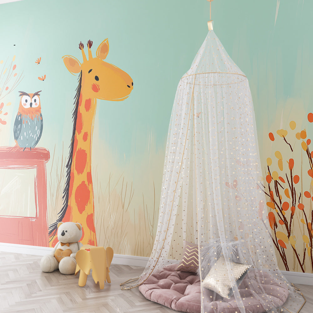 Giraffe and owl mural wallpaper creating warm atmosphere in children's bedroom by Kids-Mundo