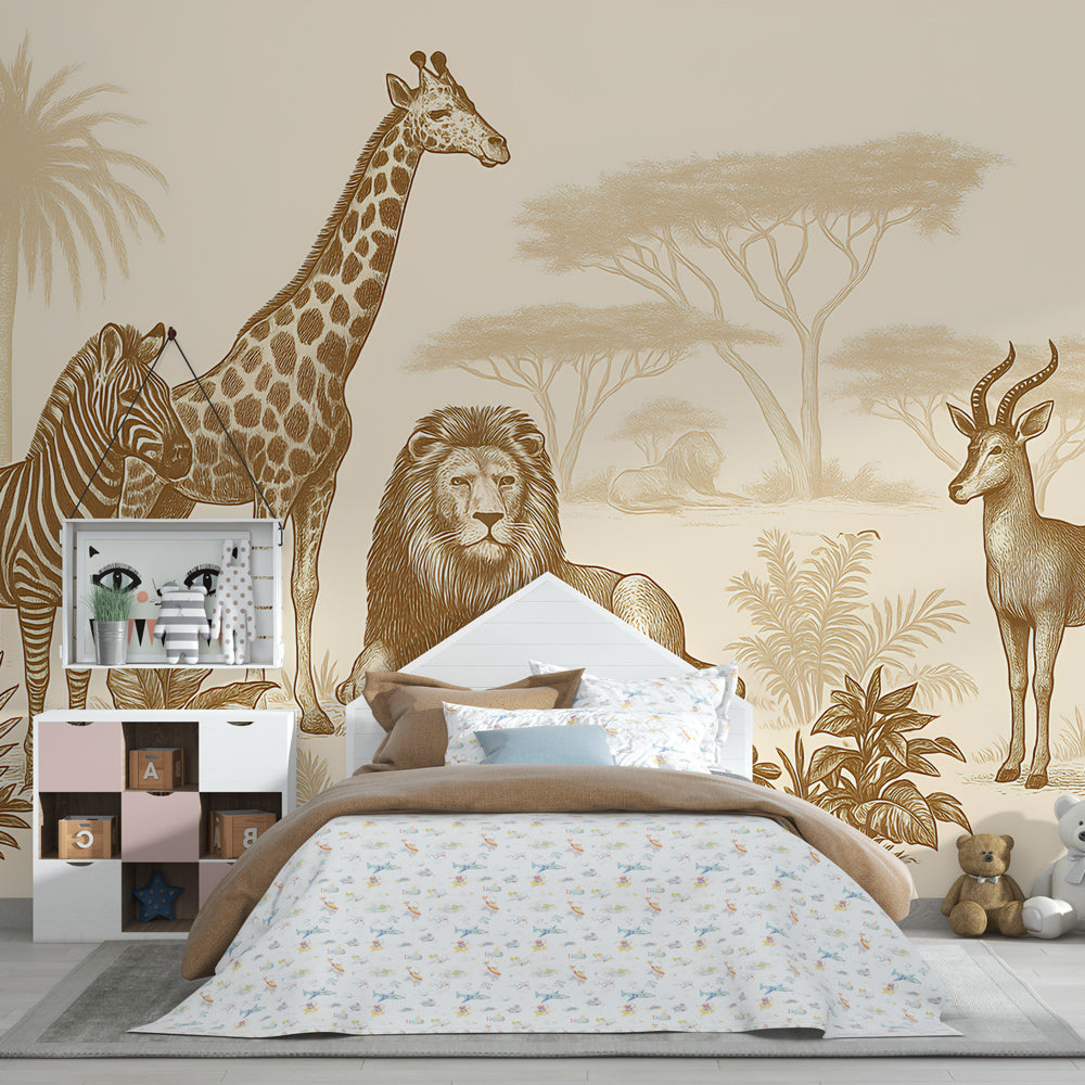 African safari wallpaper creating adventure theme in kids bedroom with natural earth tones