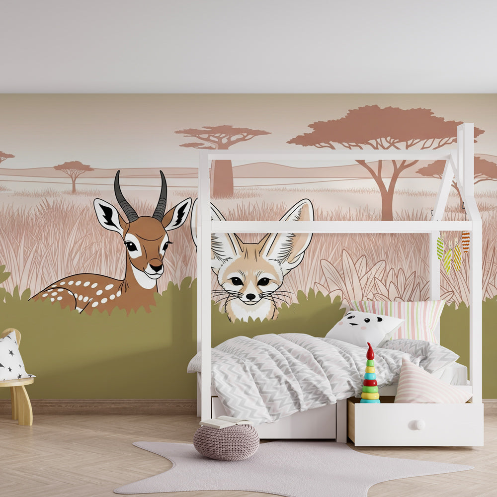 Hidden wildlife adventure mural wallpaper transforming kids bedroom with savanna landscape design
