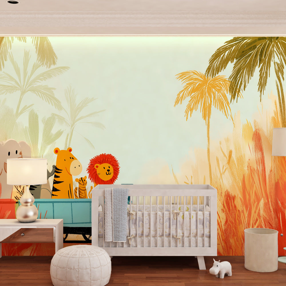 Magical safari wallpaper creating adventure-themed children's bedroom with warm orange tones