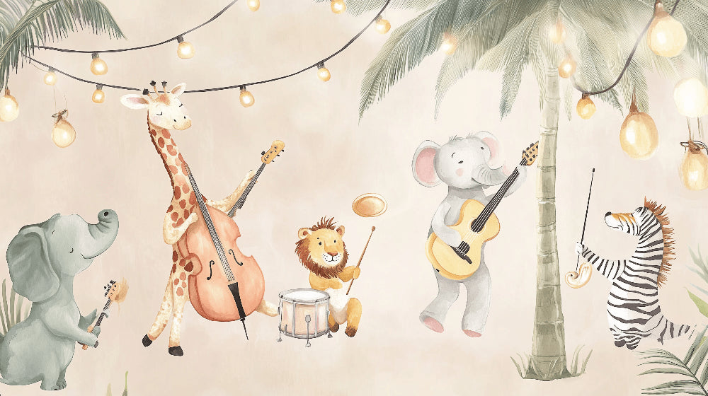 Detailed musical safari animals and tropical palm trees mural wallpaper design pattern by Kids-Mundo