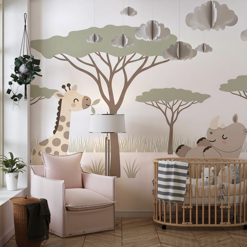 Gentle safari themed wallpaper creating peaceful children's bedroom decor with natural tones