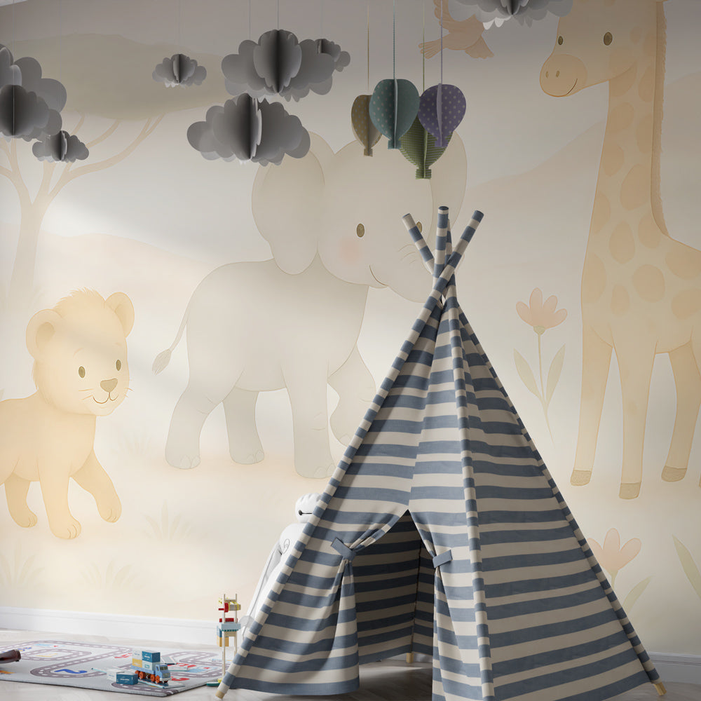 Pastel savanna wallpaper creating peaceful children's bedroom with gentle animal theme