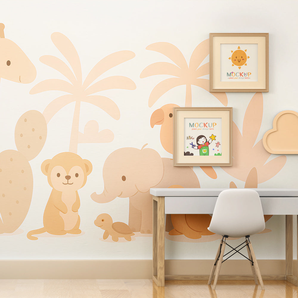 Soft savanna themed mural wallpaper creating peaceful children's bedroom decor