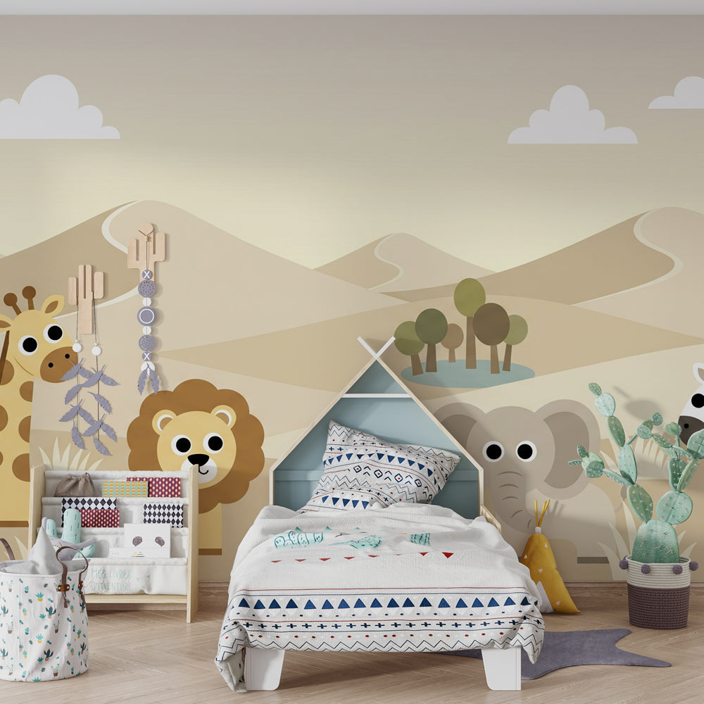 Gentle savanna animals wallpaper featuring giraffe and elephant in cozy children's bedroom decor