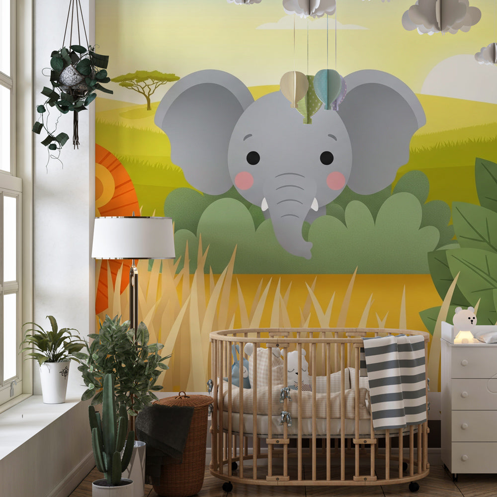Colorful safari mural wallpaper transforming children's bedroom into African adventure scene