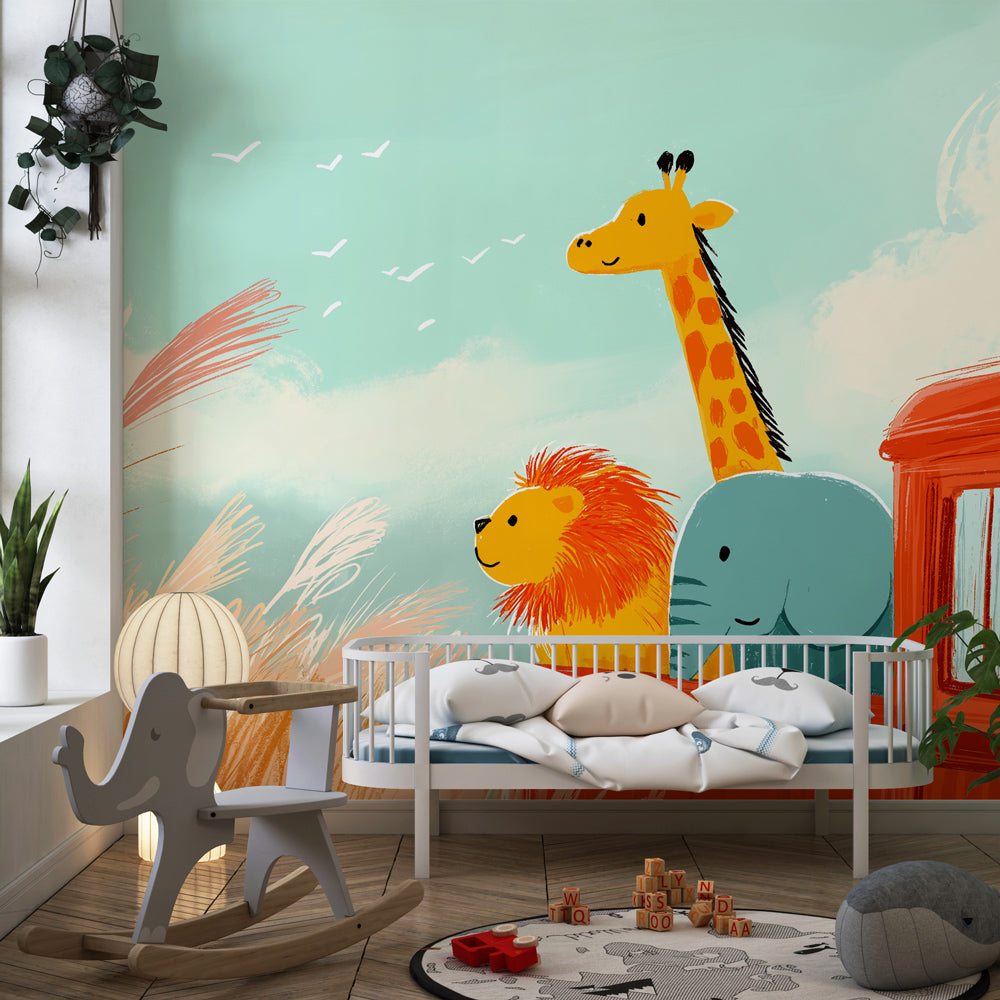 Colorful safari wallpaper creating adventure-themed kids bedroom with natural wood furniture