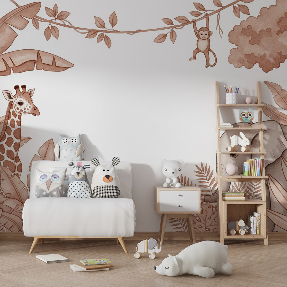 Jungle themed mural wallpaper creating adventurous children's bedroom decor with natural tones