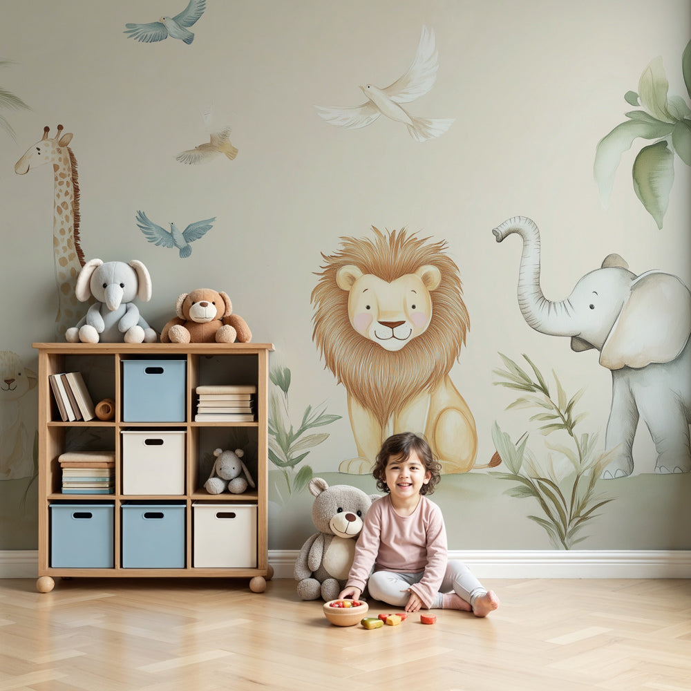 Safari animals mural wallpaper creating enchanted wildlife nursery decor by Kids-Mundo