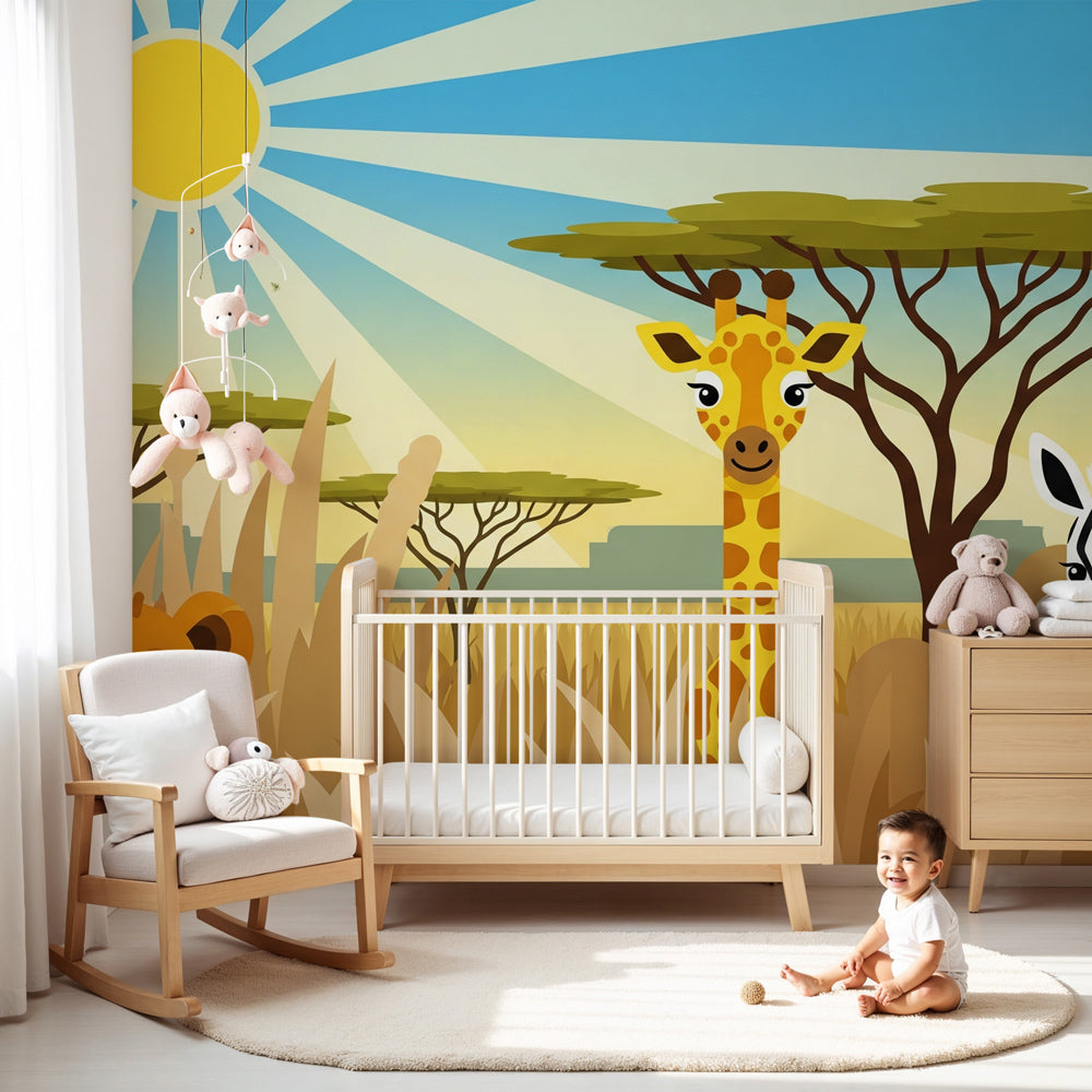 Safari animals mural wallpaper in modern nursery with lion giraffe zebra by Kids-Mundo