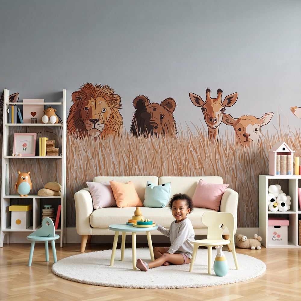 Safari animals mural wallpaper creating adventurous nursery decor with zebra and lion by Kids-Mundo