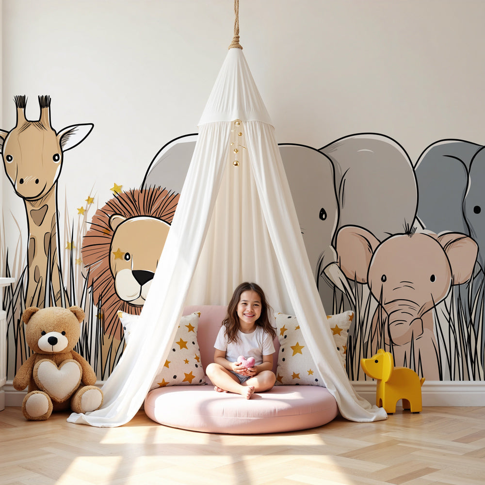 Safari animals mural wallpaper with giraffe, lion and elephants in cozy nursery by Kids-Mundo